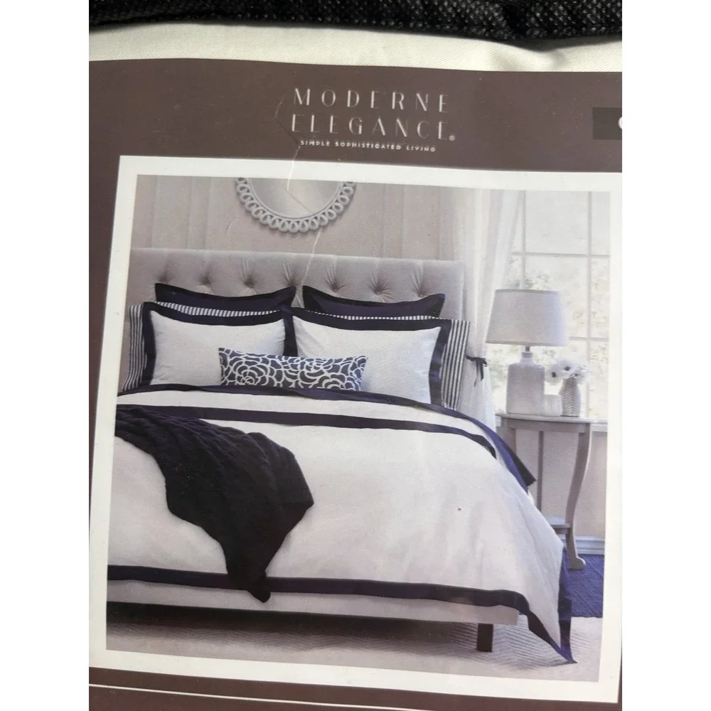 Moderne Elegance Duvet Cover Set Queen Duvet Cover & Pillow Sham Navy &‎ Wht NEW